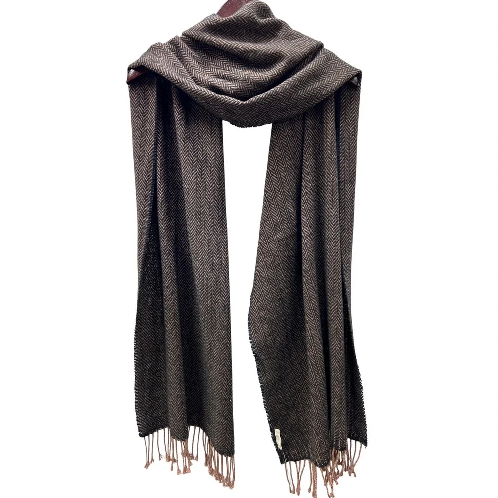 Eileen Fisher Scarf Women OS Brown Black Excellent Herringbone Fringe Trim